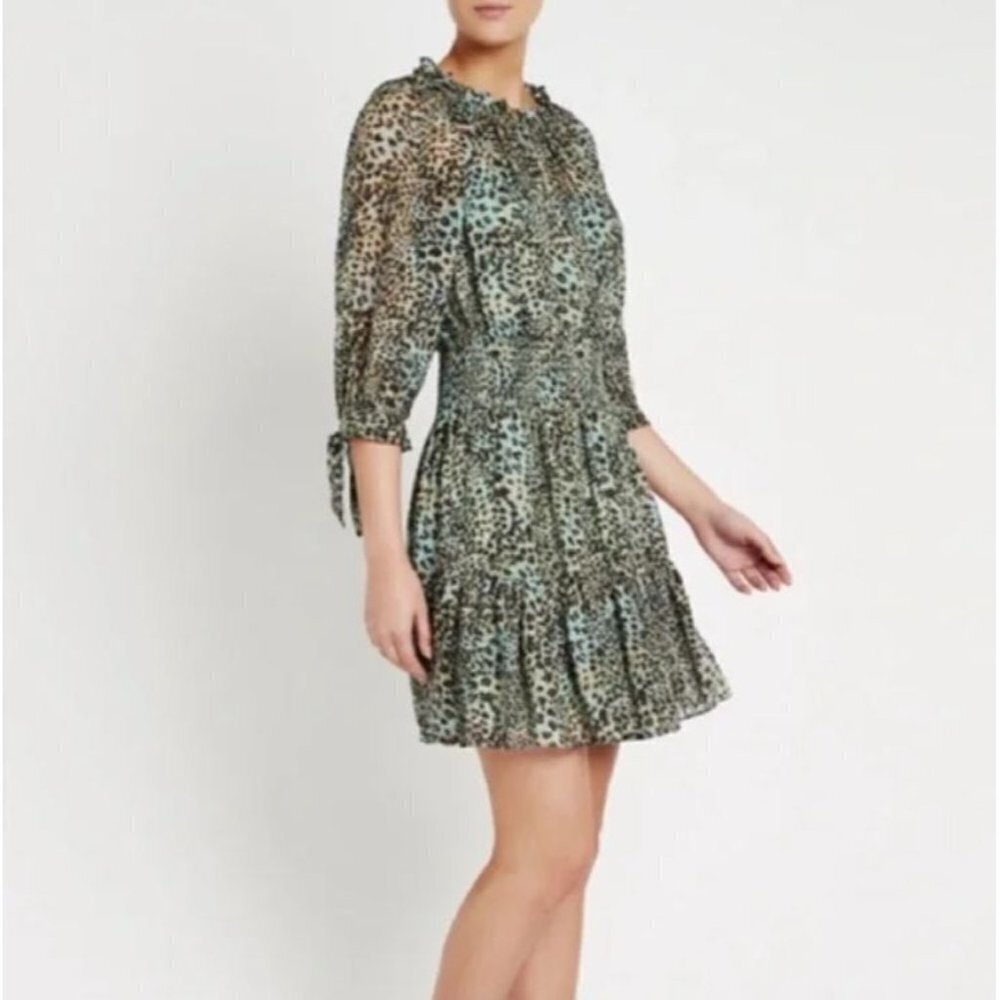 NEW Rebecca Taylor Blue Lynx Silk Burnout Dress Smocked Waist Leopard Size M